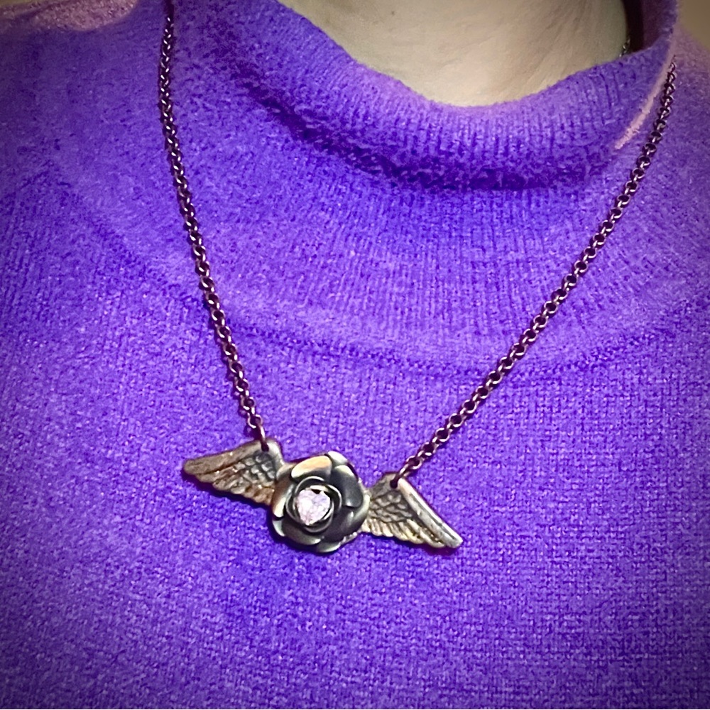 Vintage Military Wings Brass Rose & Pink Cubic Zirconia Heart Steampunk